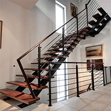 China Manufacture Customized Double Beam Straight Staircase With Wrought Iron Railing Parts Design 